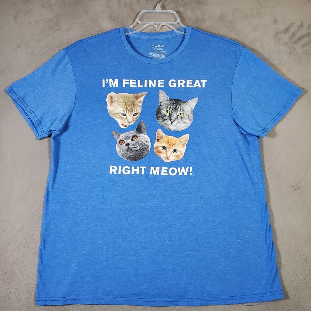 Cat Graphic T Shirt Womens L Blue Funny Meme Casual‎ Y2K Humor Animal Tee
